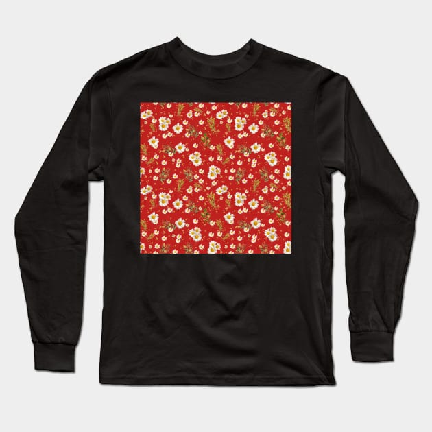 White Daisies Field Floral Scarlet Pattern Long Sleeve T-Shirt by DMRStudio